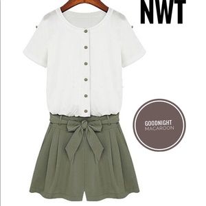 Button Down Short Sleeved Military Green Romper